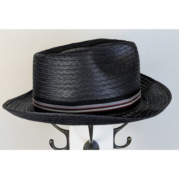 VTG Haband Black Straw Fedora Hat Medium 22" Gray Striped Hatband Made in USA - Picture 5 of 11